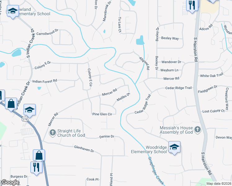 map of restaurants, bars, coffee shops, grocery stores, and more near 4436 Mercer Road in Decatur