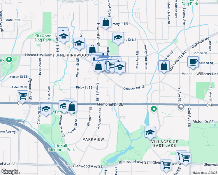 map of restaurants, bars, coffee shops, grocery stores, and more near 2020 Bixby Street Southeast in Atlanta