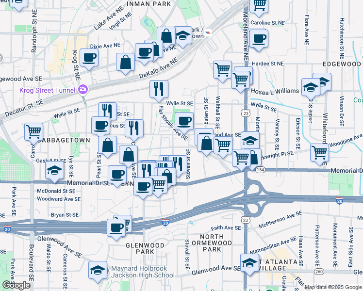 map of restaurants, bars, coffee shops, grocery stores, and more near 986 Mauldin Street Southeast in Atlanta