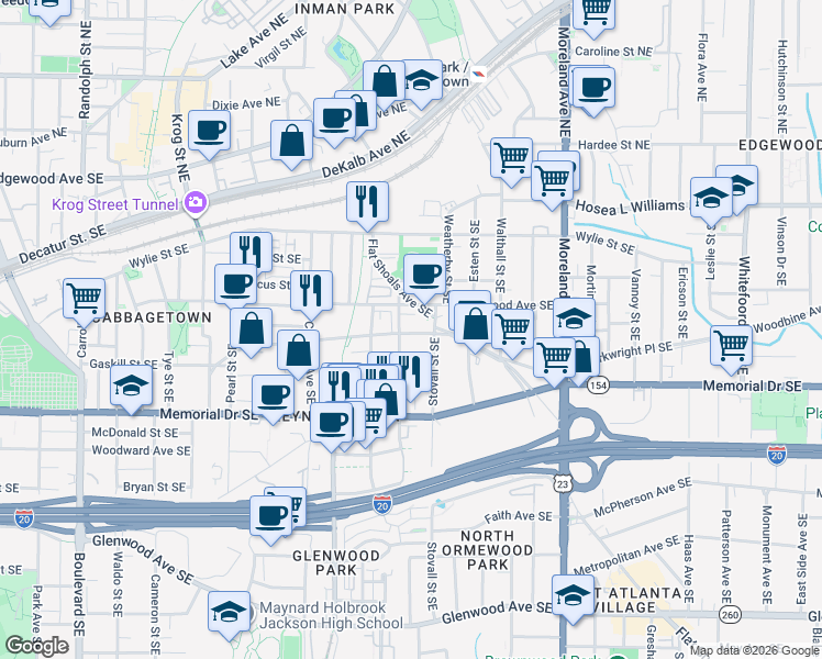 map of restaurants, bars, coffee shops, grocery stores, and more near 967 Kirkwood Avenue Southeast in Atlanta