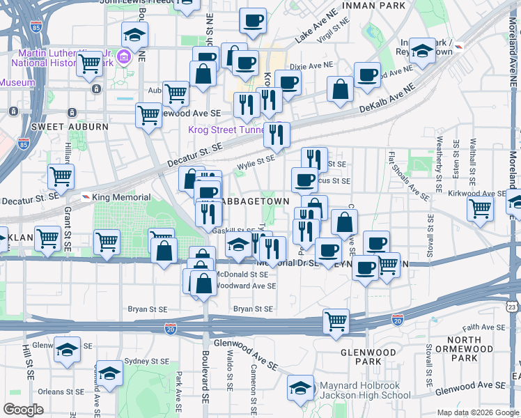 map of restaurants, bars, coffee shops, grocery stores, and more near 701 Kirkwood Avenue Southeast in Atlanta