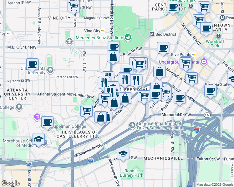 map of restaurants, bars, coffee shops, grocery stores, and more near 443 Stonewall Street Southwest in Atlanta