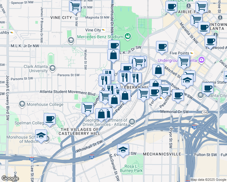map of restaurants, bars, coffee shops, grocery stores, and more near 443 Stonewall Street Southwest in Atlanta