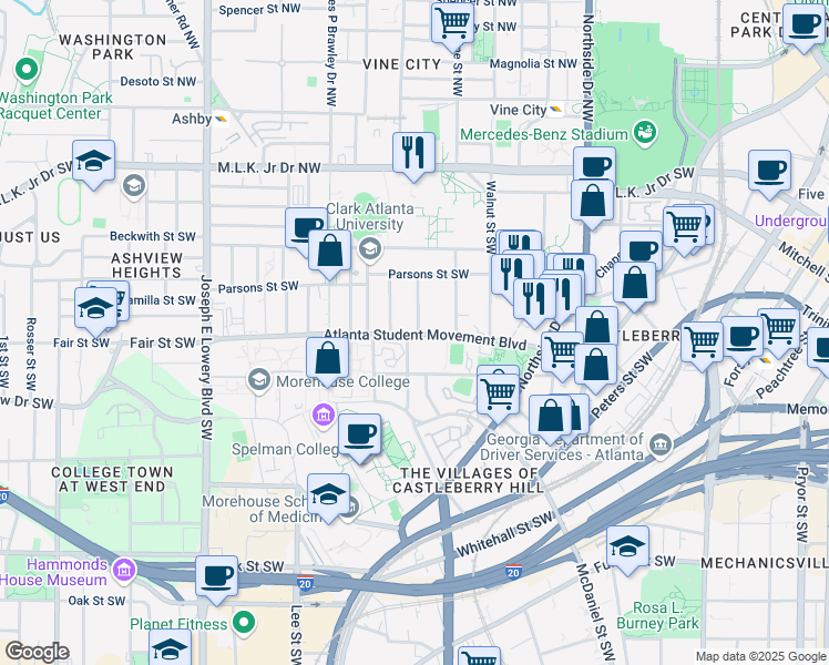 map of restaurants, bars, coffee shops, grocery stores, and more near 157 Elm Street Southwest in Atlanta