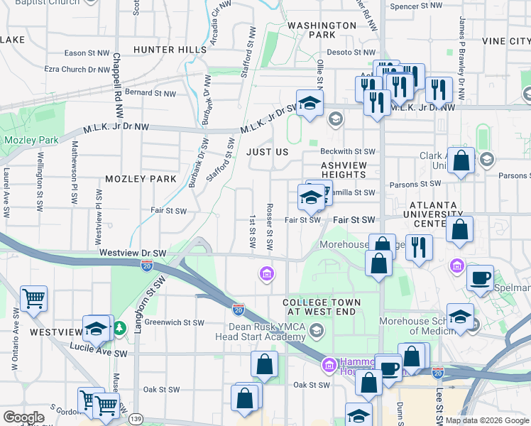 map of restaurants, bars, coffee shops, grocery stores, and more near 1127 Fair Street Southwest in Atlanta