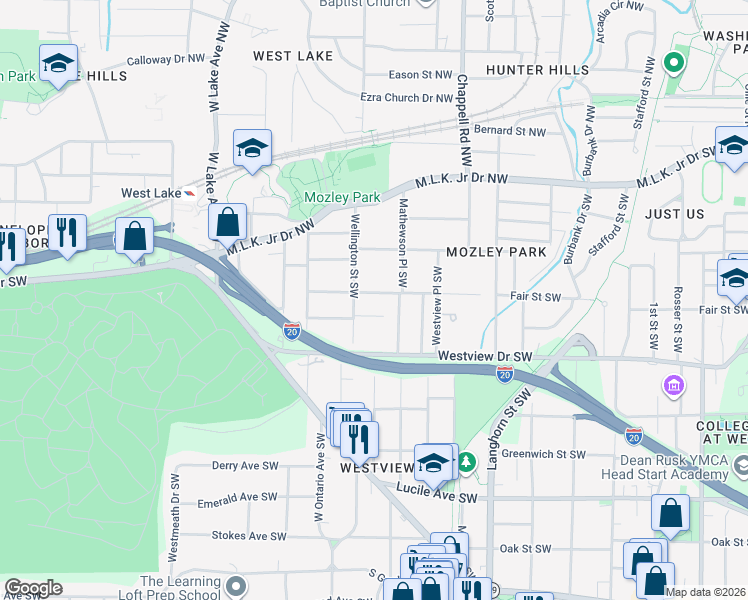 map of restaurants, bars, coffee shops, grocery stores, and more near 194 Wellington Street Southwest in Atlanta