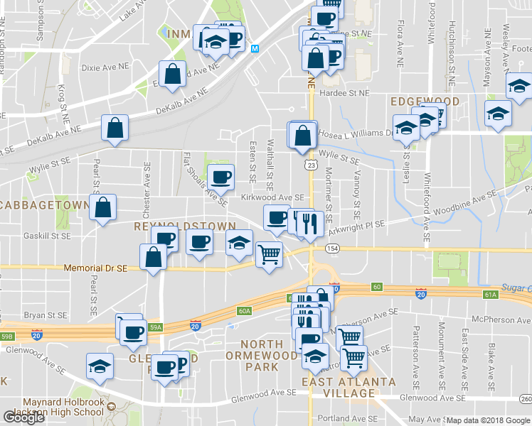 map of restaurants, bars, coffee shops, grocery stores, and more near 159 Walthall Street Southeast in Atlanta