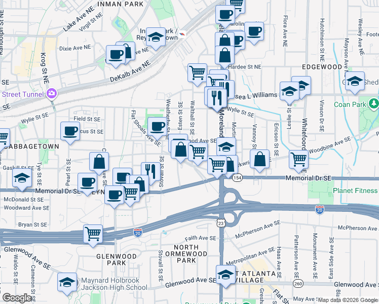 map of restaurants, bars, coffee shops, grocery stores, and more near 159 Walthall Street Southeast in Atlanta