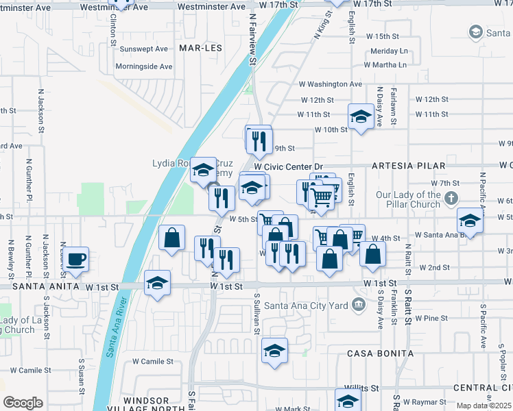 map of restaurants, bars, coffee shops, grocery stores, and more near 655 North Fairview Street in Santa Ana