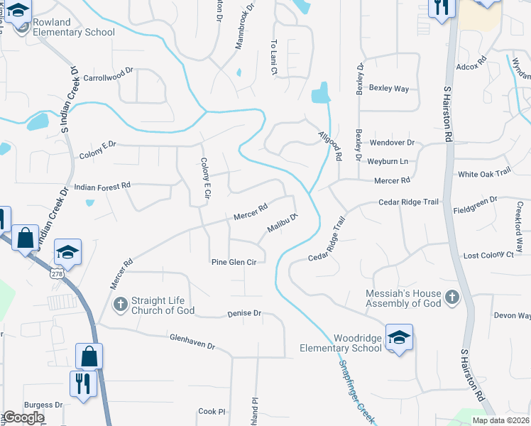 map of restaurants, bars, coffee shops, grocery stores, and more near 4436 Mercer Road in Decatur