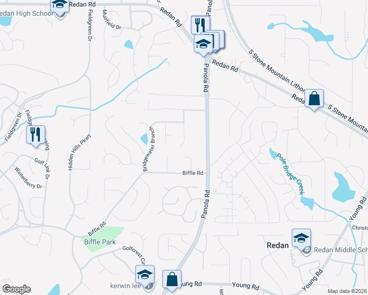map of restaurants, bars, coffee shops, grocery stores, and more near 1476 Rockmoor Court in Stone Mountain