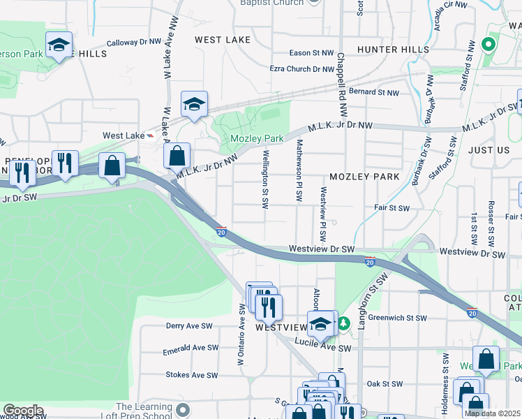 map of restaurants, bars, coffee shops, grocery stores, and more near 211 Wellington Street Southwest in Atlanta
