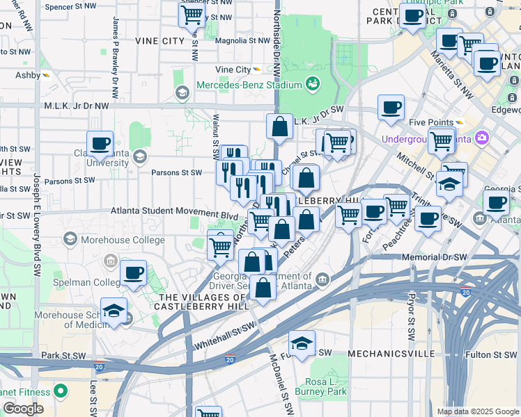 map of restaurants, bars, coffee shops, grocery stores, and more near 180 Northside Drive Southwest in Atlanta