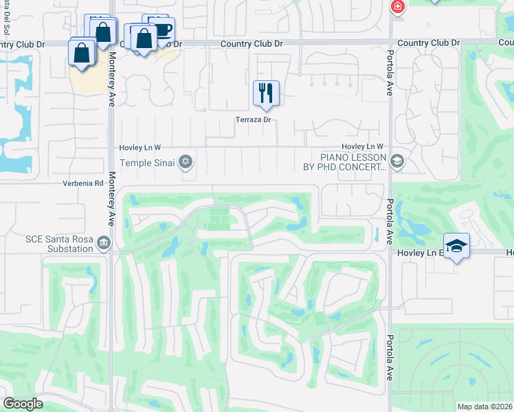 map of restaurants, bars, coffee shops, grocery stores, and more near 314 Villena Way in Palm Desert