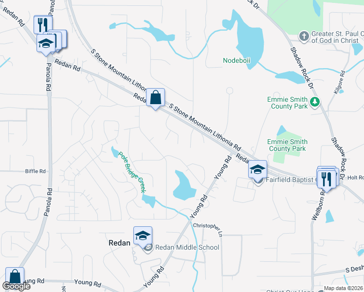map of restaurants, bars, coffee shops, grocery stores, and more near 1470 Bentley Woods Trail in Lithonia