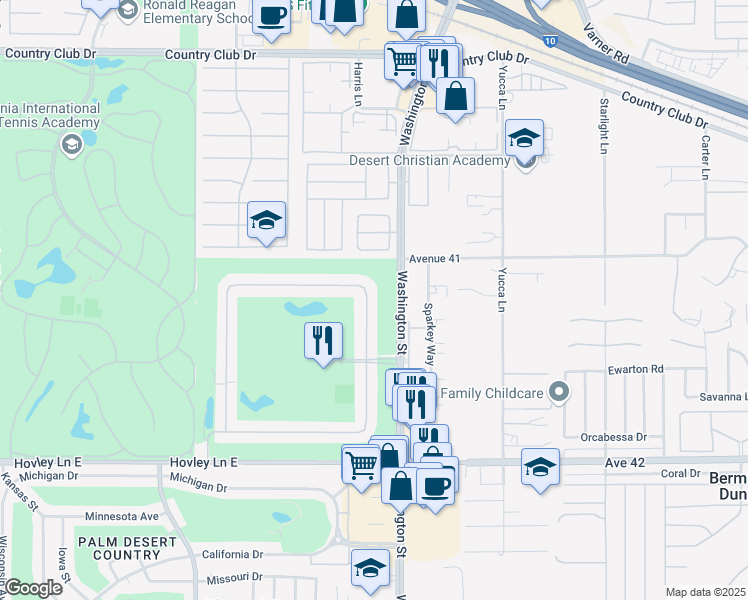 map of restaurants, bars, coffee shops, grocery stores, and more near 41120 Woodhaven Drive East in Palm Desert
