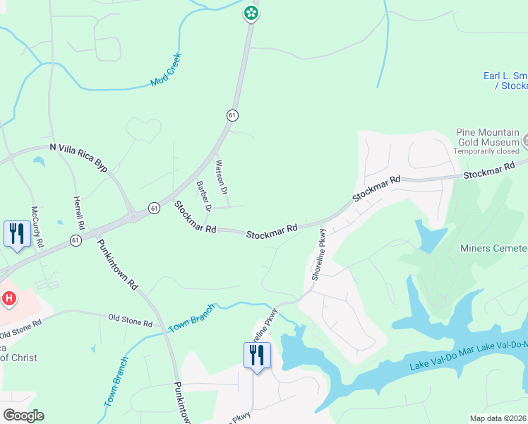 map of restaurants, bars, coffee shops, grocery stores, and more near 9988 Stockmar Road in Villa Rica