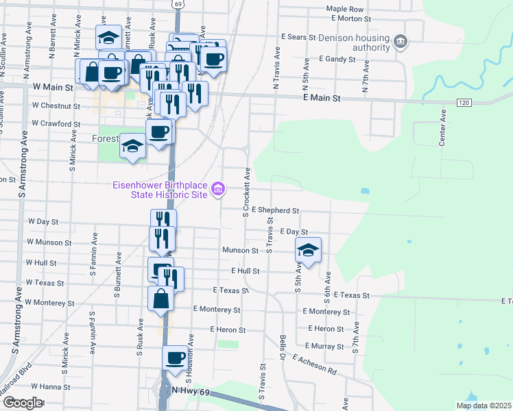 map of restaurants, bars, coffee shops, grocery stores, and more near 330 East Nelson Street in Denison