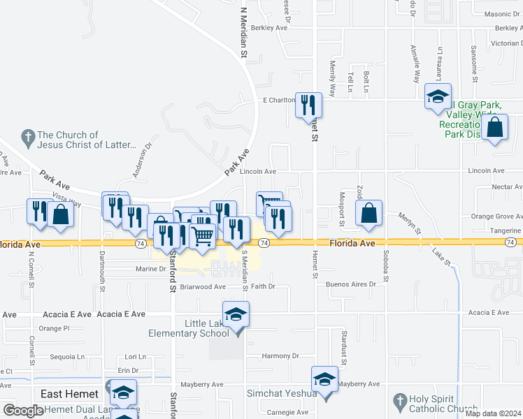 map of restaurants, bars, coffee shops, grocery stores, and more near 4182 Trevor Lane in Hemet