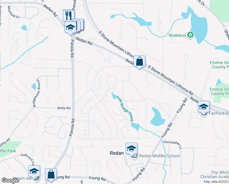 map of restaurants, bars, coffee shops, grocery stores, and more near 5623 Crystal Hill in Stone Mountain