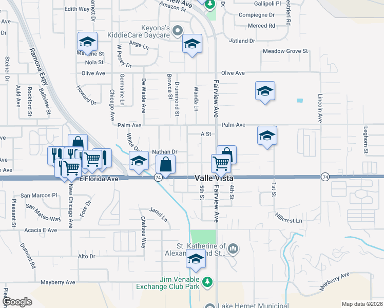 map of restaurants, bars, coffee shops, grocery stores, and more near 25638 6th Street in Hemet