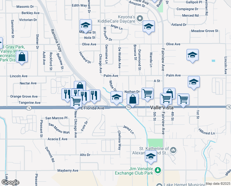 map of restaurants, bars, coffee shops, grocery stores, and more near 25623 White Oak Drive in Hemet