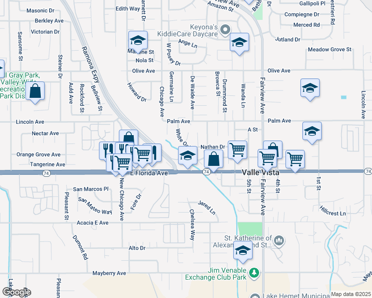 map of restaurants, bars, coffee shops, grocery stores, and more near 25623 White Oak Drive in Hemet