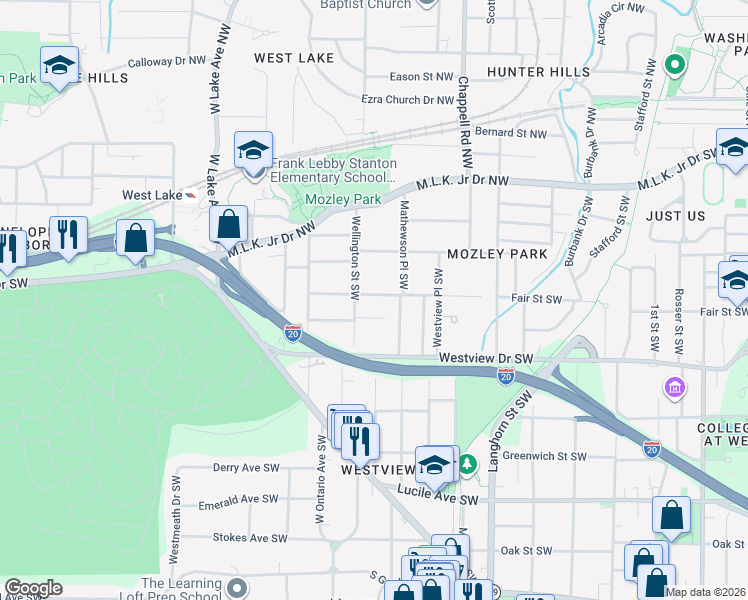 map of restaurants, bars, coffee shops, grocery stores, and more near 194 Wellington Street Southwest in Atlanta