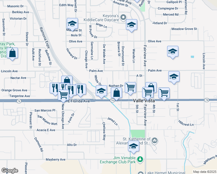 map of restaurants, bars, coffee shops, grocery stores, and more near 43681 Nathan Drive in Hemet