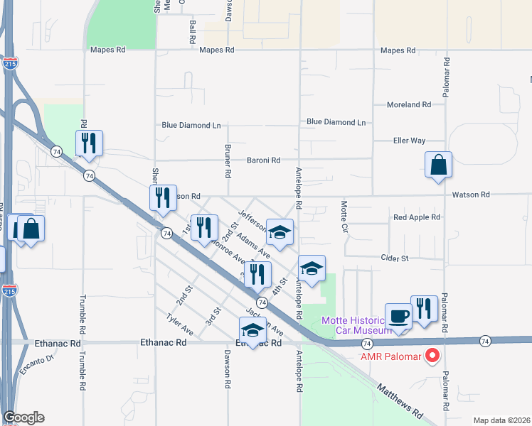 map of restaurants, bars, coffee shops, grocery stores, and more near 26001 Briggs Road in Menifee