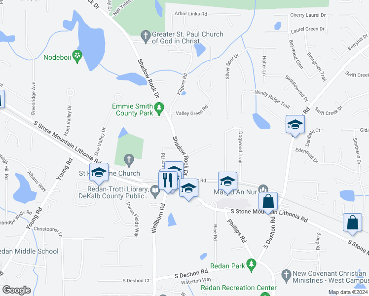 map of restaurants, bars, coffee shops, grocery stores, and more near 6414 Shadow Rock Drive in Lithonia