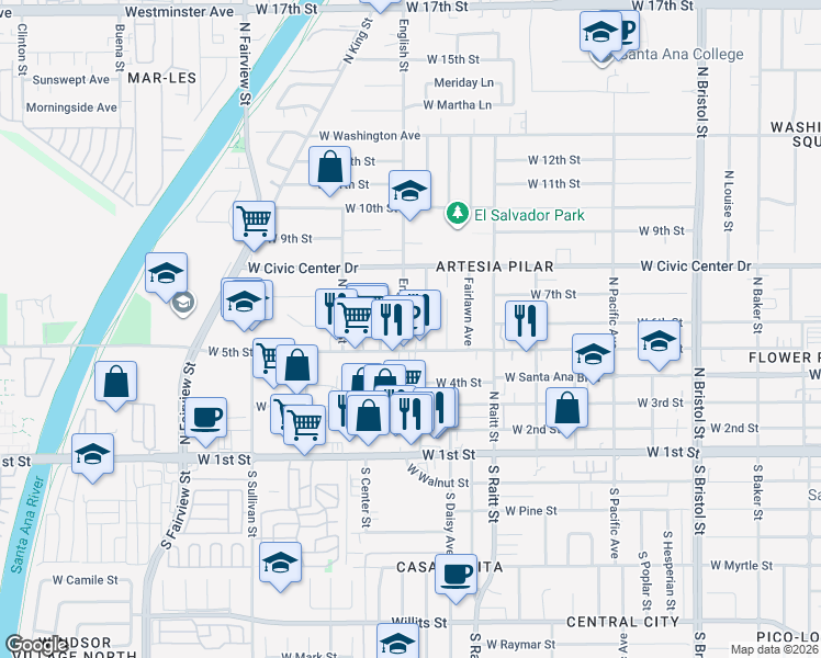 map of restaurants, bars, coffee shops, grocery stores, and more near 519 English Street in Santa Ana