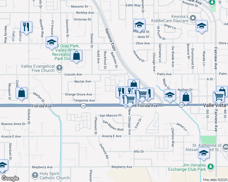 map of restaurants, bars, coffee shops, grocery stores, and more near 43195 Andrade Avenue in Hemet