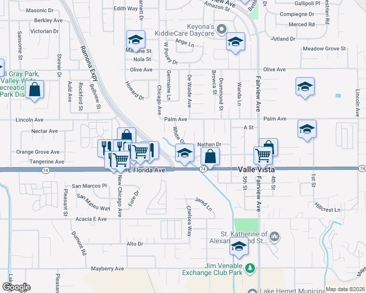 map of restaurants, bars, coffee shops, grocery stores, and more near 25623 White Oak Drive in Hemet