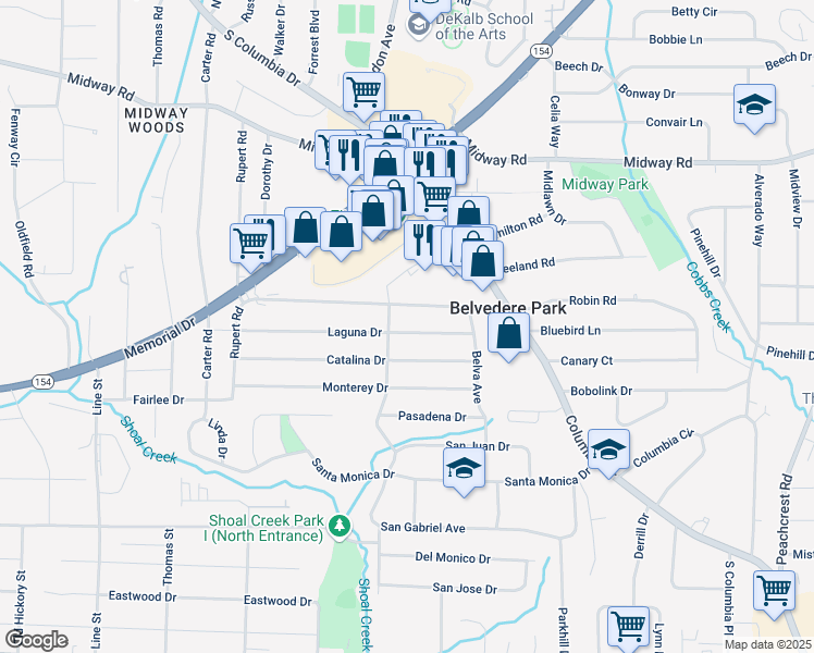 map of restaurants, bars, coffee shops, grocery stores, and more near 2980 Laguna Drive in Decatur