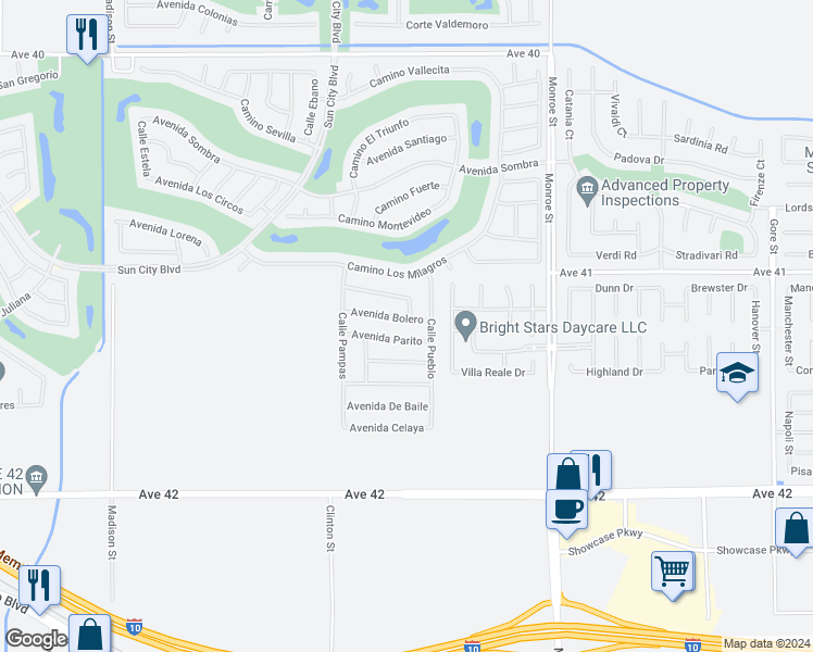 map of restaurants, bars, coffee shops, grocery stores, and more near 81675 Avenida Bolero in Indio