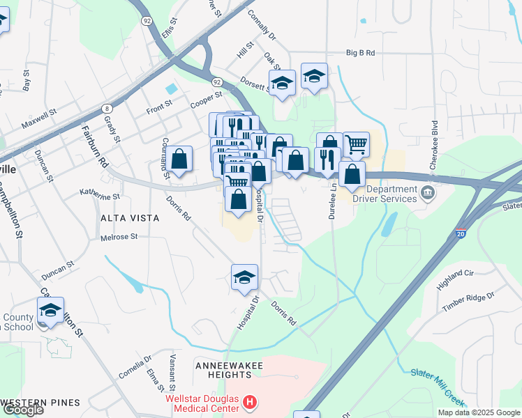map of restaurants, bars, coffee shops, grocery stores, and more near 8513 Hospital Drive in Douglasville