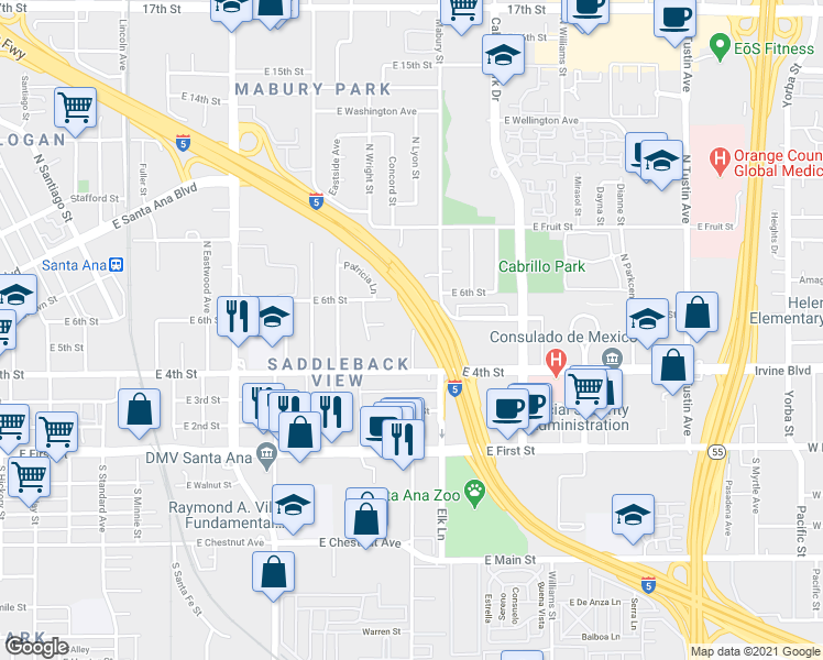 map of restaurants, bars, coffee shops, grocery stores, and more near 506 North Lyon Street in Santa Ana
