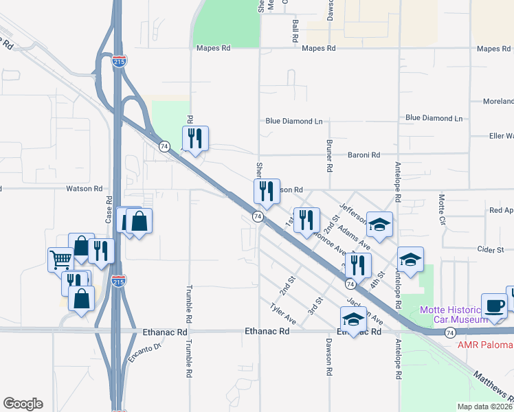 map of restaurants, bars, coffee shops, grocery stores, and more near California 74 in Romoland