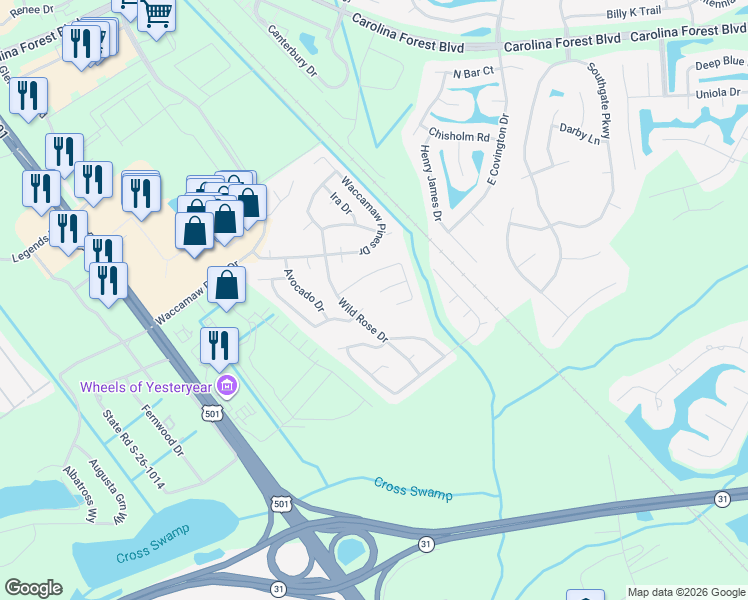 map of restaurants, bars, coffee shops, grocery stores, and more near 558 Plum Court in Myrtle Beach