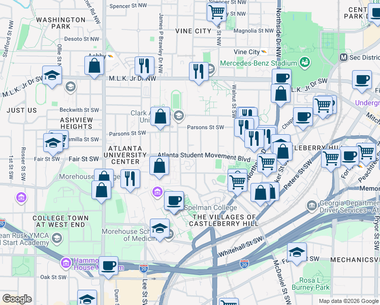 map of restaurants, bars, coffee shops, grocery stores, and more near 669 Atlanta Student Movement Boulevard in Atlanta