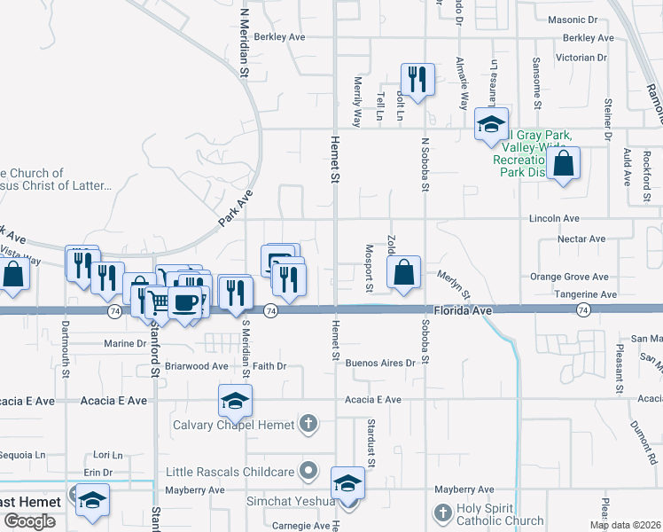 map of restaurants, bars, coffee shops, grocery stores, and more near 226 North Hemet Street in Hemet