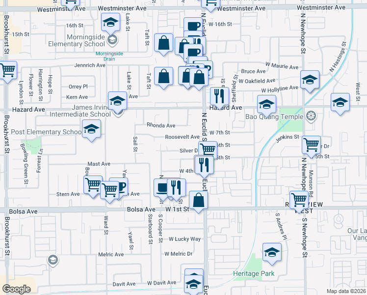 map of restaurants, bars, coffee shops, grocery stores, and more near 5317 Silver Drive in Santa Ana