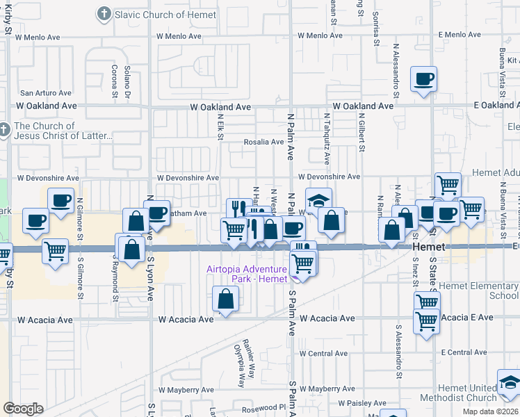 map of restaurants, bars, coffee shops, grocery stores, and more near 1030 West Latham Avenue in Hemet