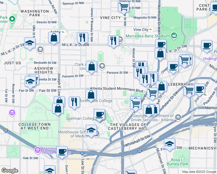 map of restaurants, bars, coffee shops, grocery stores, and more near 669 Atlanta Student Movement Boulevard in Atlanta