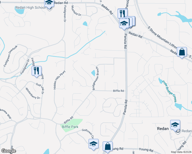 map of restaurants, bars, coffee shops, grocery stores, and more near 1459 Bridgewater Branch in Stone Mountain