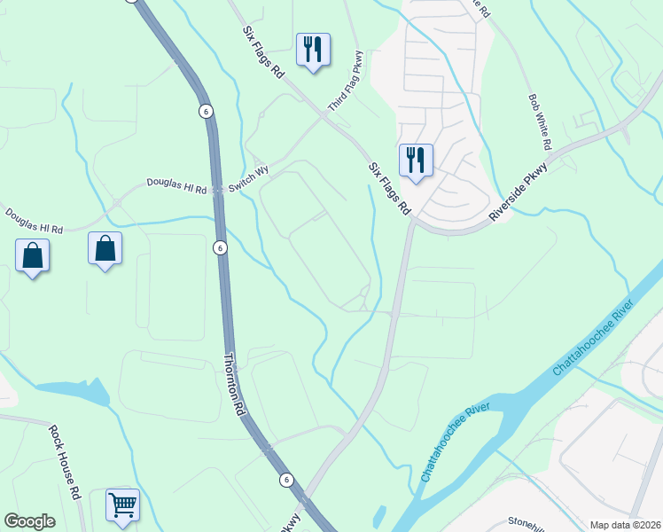 map of restaurants, bars, coffee shops, grocery stores, and more near 300 Riverside Parkway in Lithia Springs