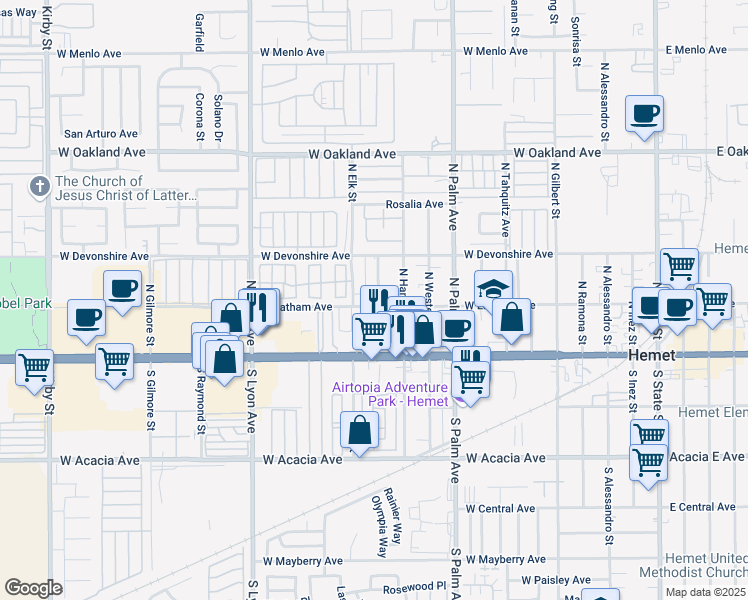map of restaurants, bars, coffee shops, grocery stores, and more near 224 Valley View Drive in Hemet