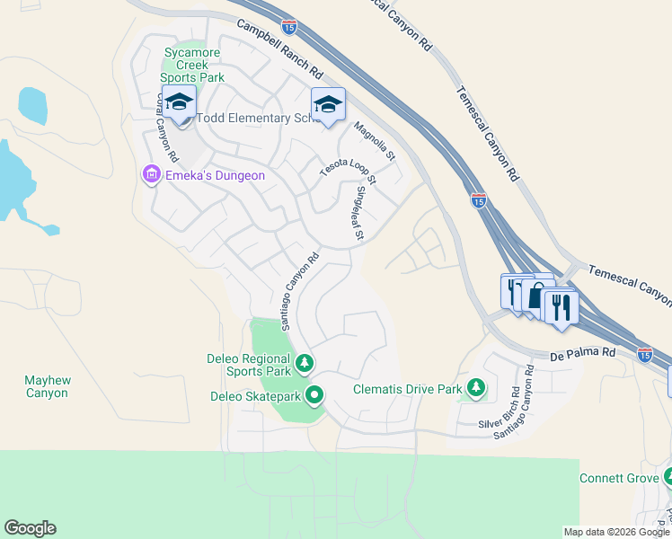 map of restaurants, bars, coffee shops, grocery stores, and more near 25427 Red Hawk Road in Corona