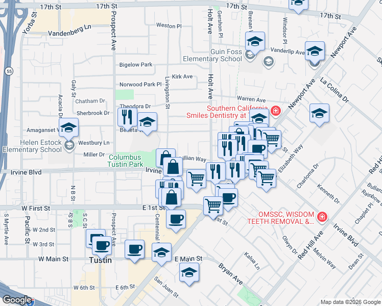 map of restaurants, bars, coffee shops, grocery stores, and more near 14722 Romanza Place in Tustin